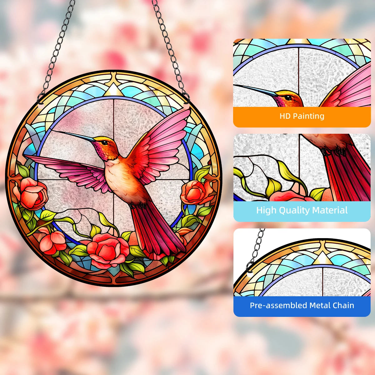 Acrylic Pattern Hummingbird & Flowers Stained Suncatchers - Avenue Treasures