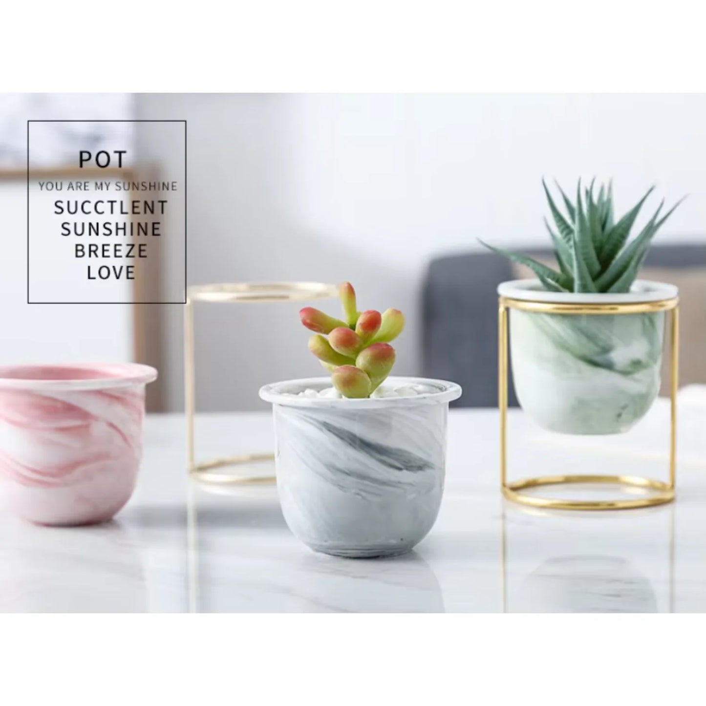 Marbled Ceramic Planter with Gold Metal Plant Stand - Avenue Treasures