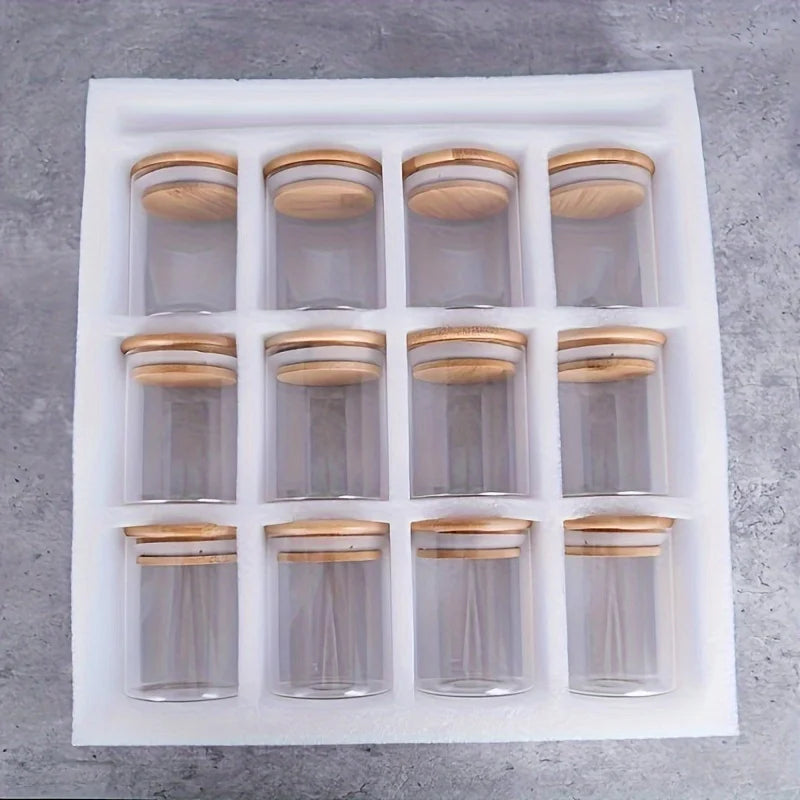 Clearview 12Pcs Glass Spice Jars with Bamboo Lids - 8oz. size, Airtight Round Spice Containers with 275 Black Labels, Empty Seasoning Jars for storing Spice, Salt, Sugar and more. - Avenue Treasures