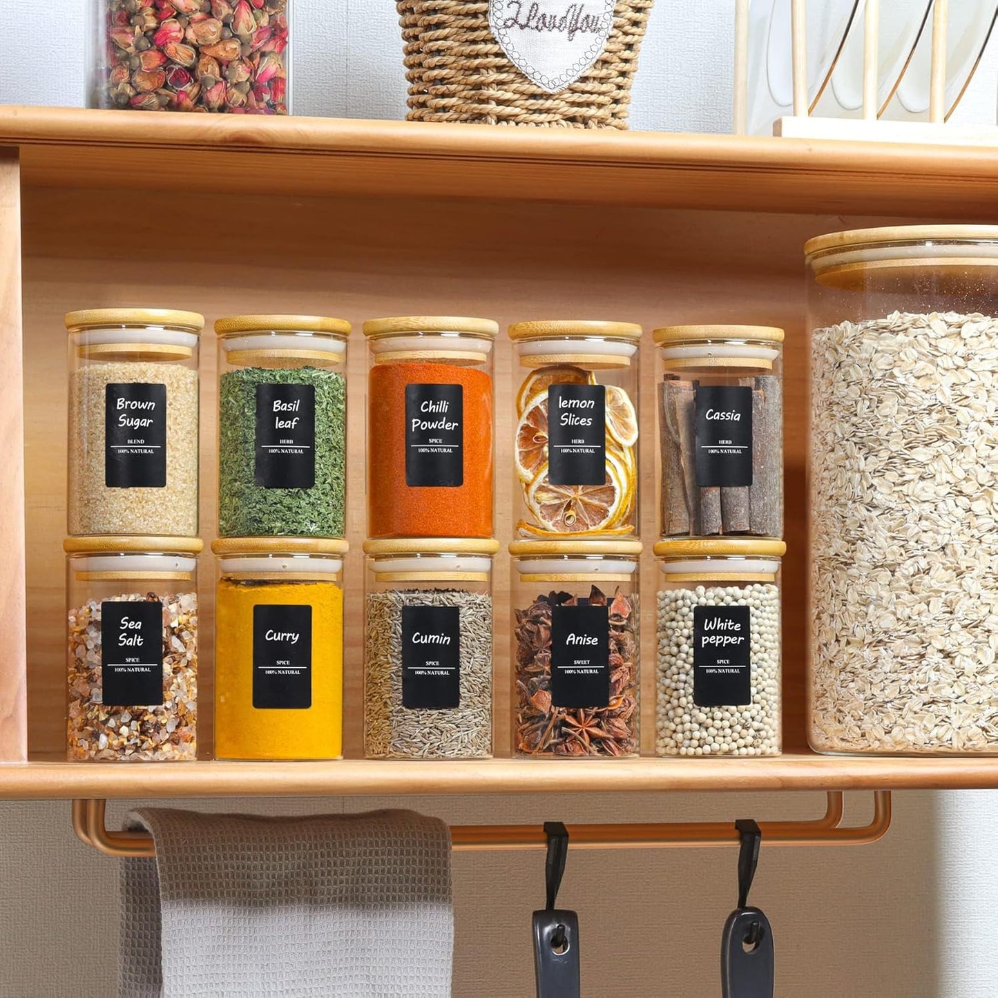 Clearview 12Pcs Glass Spice Jars with Bamboo Lids - 8oz. size, Airtight Round Spice Containers with 275 Black Labels, Empty Seasoning Jars for storing Spice, Salt, Sugar and more. - Avenue Treasures