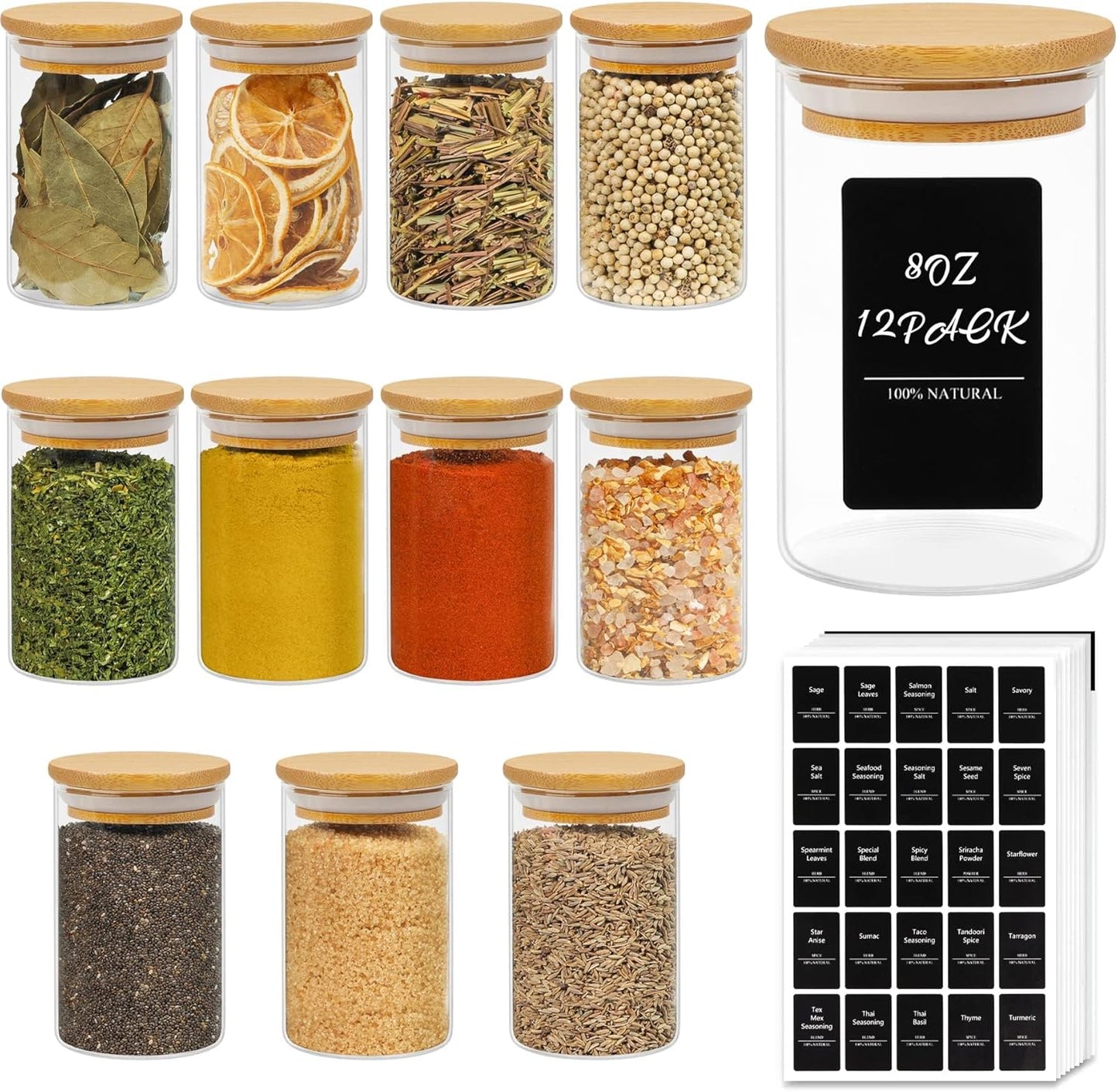 Clearview 12Pcs Glass Spice Jars with Bamboo Lids - 8oz. size, Airtight Round Spice Containers with 275 Black Labels, Empty Seasoning Jars for storing Spice, Salt, Sugar and more. - Avenue Treasures