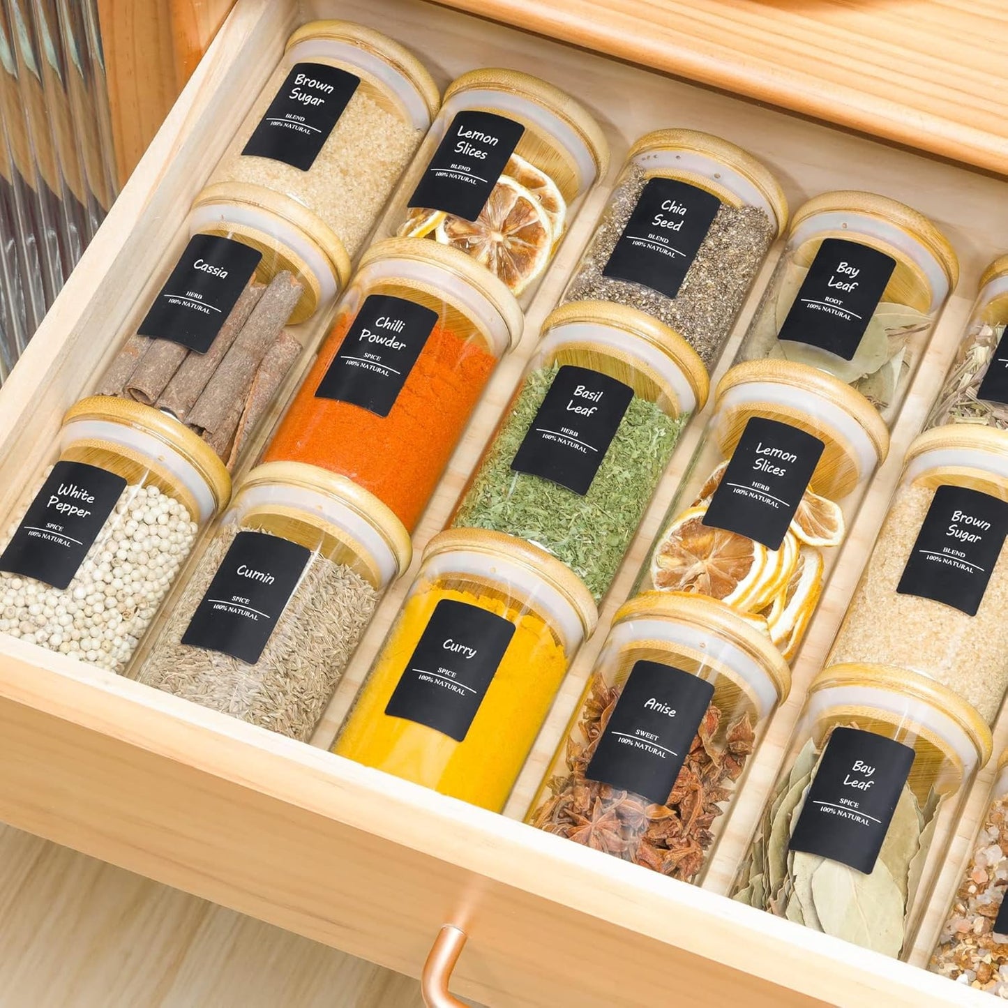 Clearview 12Pcs Glass Spice Jars with Bamboo Lids - 8oz. size, Airtight Round Spice Containers with 275 Black Labels, Empty Seasoning Jars for storing Spice, Salt, Sugar and more. - Avenue Treasures