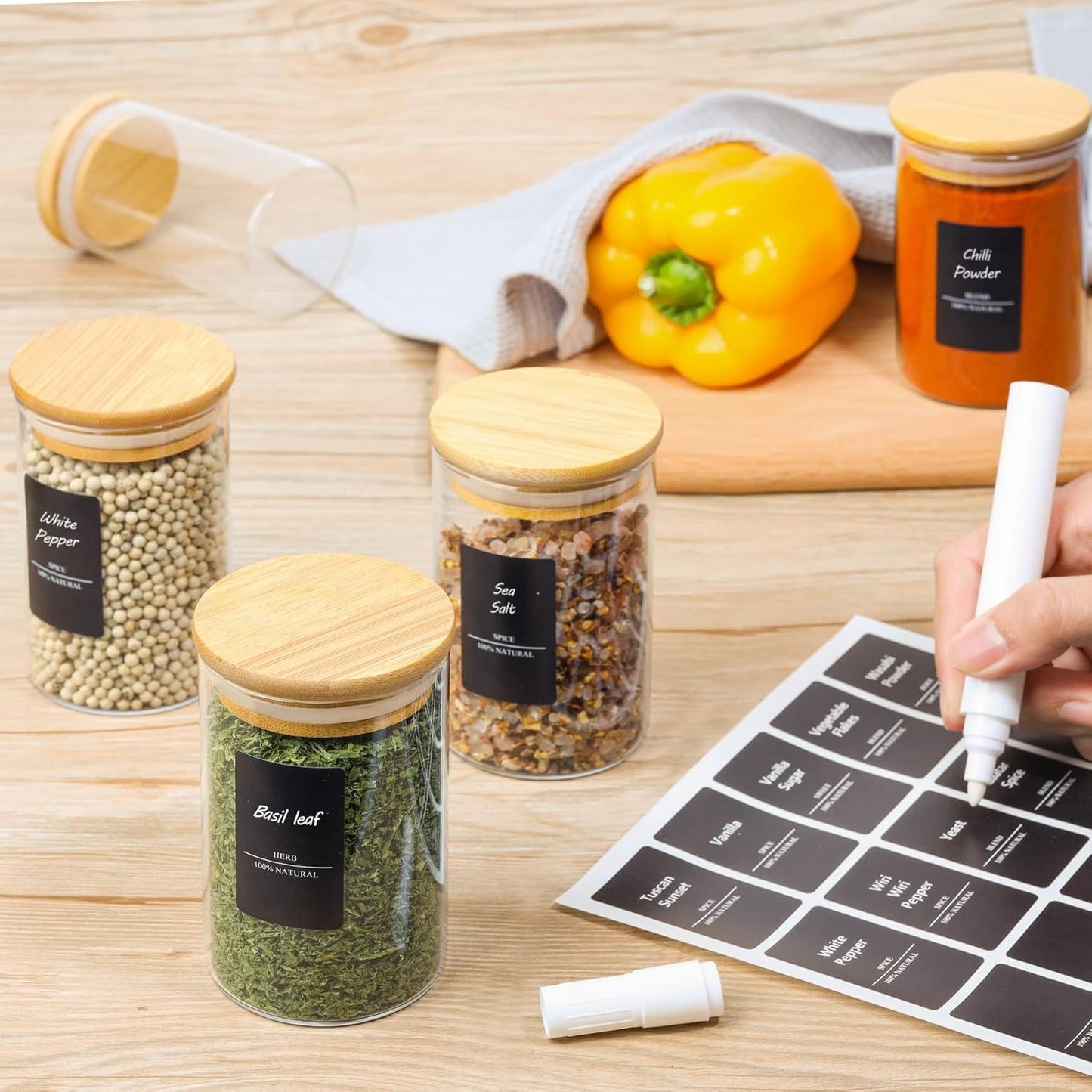 Clearview 12Pcs Glass Spice Jars with Bamboo Lids - 8oz. size, Airtight Round Spice Containers with 275 Black Labels, Empty Seasoning Jars for storing Spice, Salt, Sugar and more. - Avenue Treasures