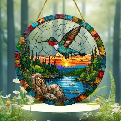 Gorgeous Colorful Flying Hummingbird Acrylic Pastoral Style Stained Suncatchers, Home & Window Hanging Decor - Avenue Treasures