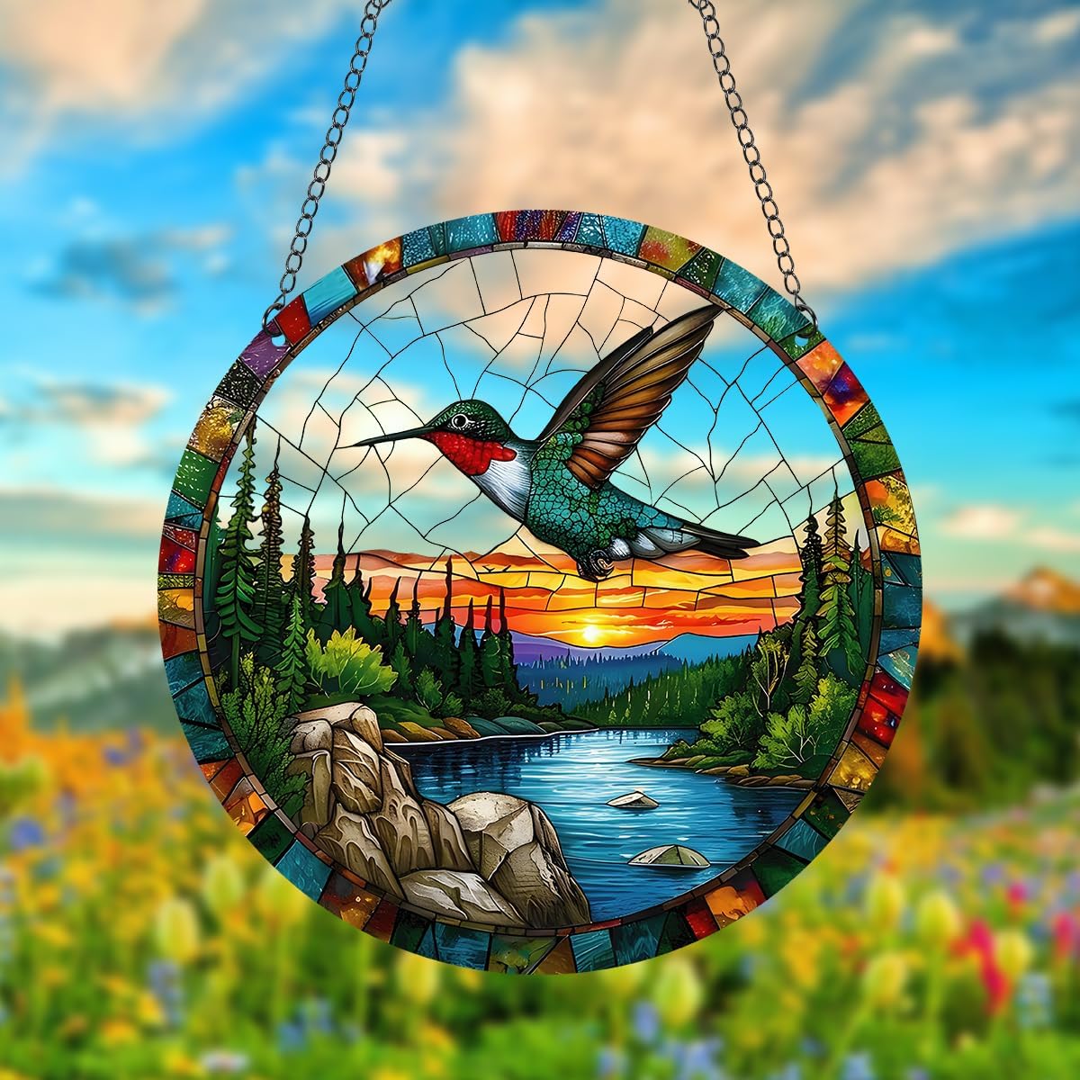 Colorful Acrylic Pattern Flying Hummingbird Sunset River Mountains Stained Suncatchers, Home & Window Hanging Decor - Avenue Treasures