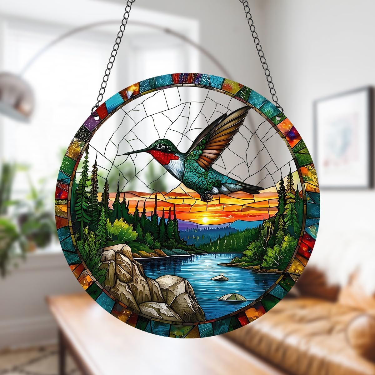 Colorful Acrylic Pattern Flying Hummingbird Sunset River Mountains Stained Suncatchers, Home & Window Hanging Decor - Avenue Treasures