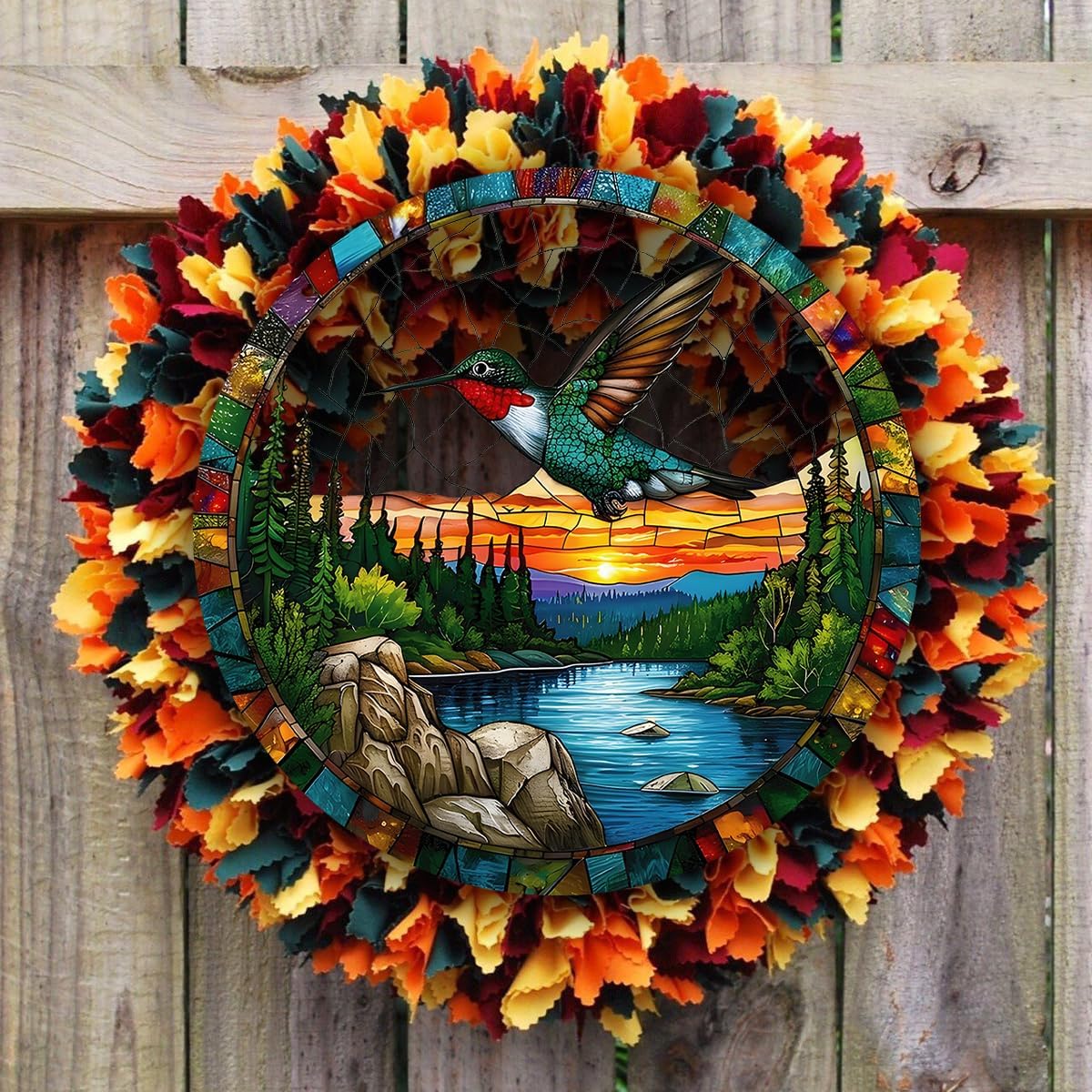 Colorful Acrylic Pattern Flying Hummingbird Sunset River Mountains Stained Suncatchers, Home & Window Hanging Decor - Avenue Treasures