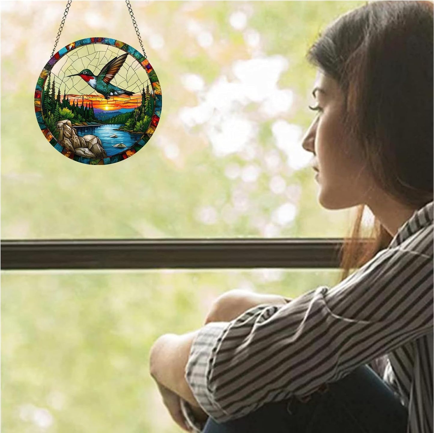 Colorful Acrylic Pattern Flying Hummingbird Sunset River Mountains Stained Suncatchers, Home & Window Hanging Decor - Avenue Treasures