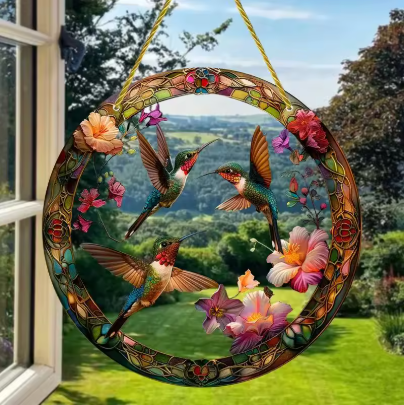 Gorgeous Colorful Flying Hummingbird Acrylic Pastoral Style Stained Suncatchers, Home & Window Hanging Decor - Avenue Treasures