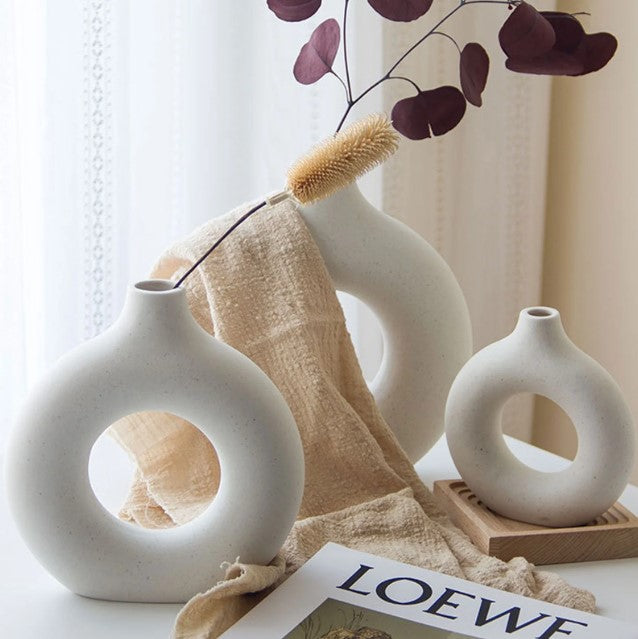 Elegant Ceramic Decorative Vases - set of 2, donut shaped, white, modern style. - Avenue Treasures