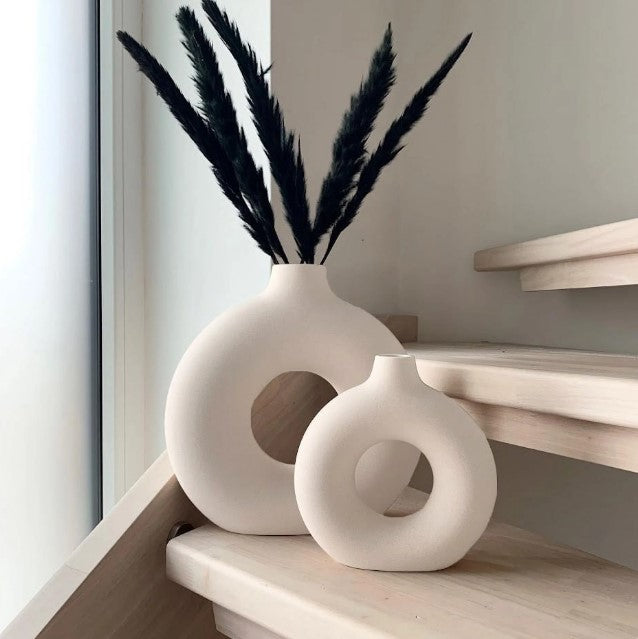 Elegant Ceramic Decorative Vases - set of 2, donut shaped, white, modern style. - Avenue Treasures