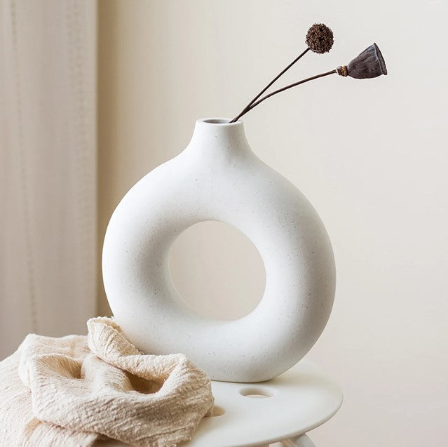 Elegant Ceramic Decorative Vases - set of 2, donut shaped, white, modern style. - Avenue Treasures