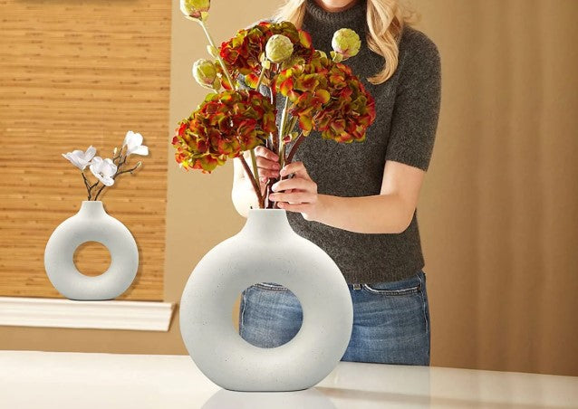 Elegant Ceramic Decorative Vases - set of 2, donut shaped, white, modern style. - Avenue Treasures