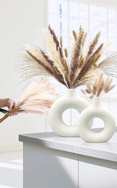 Elegant Ceramic Decorative Vases - set of 2, donut shaped, white, modern style. - Avenue Treasures