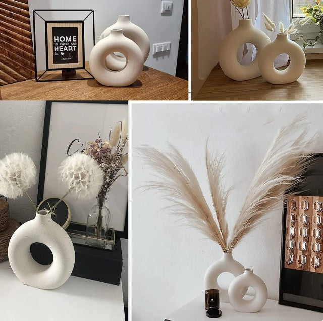 Elegant Ceramic Decorative Vases - set of 2, donut shaped, white, modern style. - Avenue Treasures