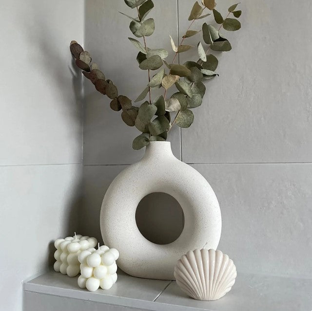 Elegant Ceramic Decorative Vases - set of 2, donut shaped, white, modern style. - Avenue Treasures