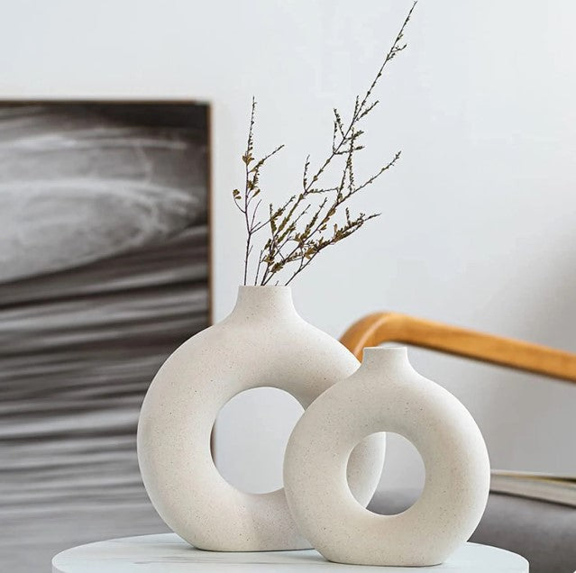 Elegant Ceramic Decorative Vases - set of 2, donut shaped, white, modern style. - Avenue Treasures