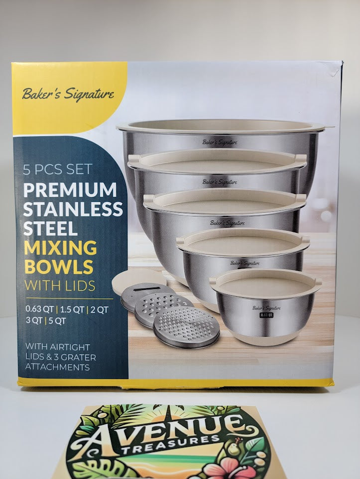 Baker's Signature Stainless Steel Mixing Bowls with Graters & Air-Tight Lids, Set of 5 bowls - Kitchen Lunch Dinner Food Meal Prep Freezer Safe Storage - Avenue Treasures