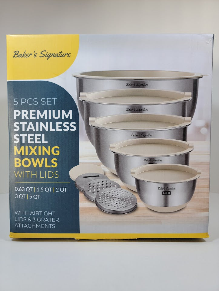 Baker's Signature Stainless Steel Mixing Bowls with Graters & Air-Tight Lids, Set of 5 bowls - Kitchen Lunch Dinner Food Meal Prep Freezer Safe Storage - Avenue Treasures
