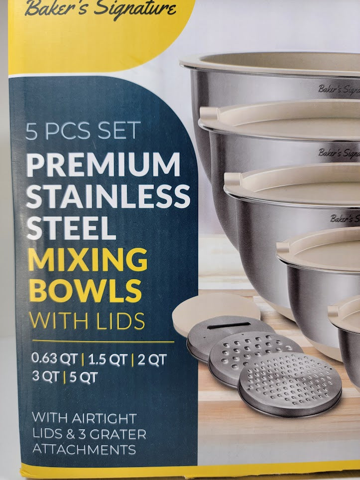 Baker's Signature Stainless Steel Mixing Bowls with Graters & Air-Tight Lids, Set of 5 bowls - Kitchen Lunch Dinner Food Meal Prep Freezer Safe Storage - Avenue Treasures