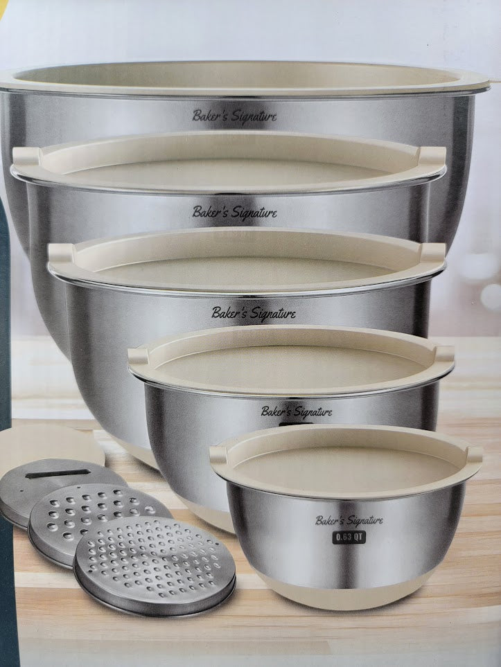 Baker's Signature Stainless Steel Mixing Bowls with Graters & Air-Tight Lids, Set of 5 bowls - Kitchen Lunch Dinner Food Meal Prep Freezer Safe Storage - Avenue Treasures