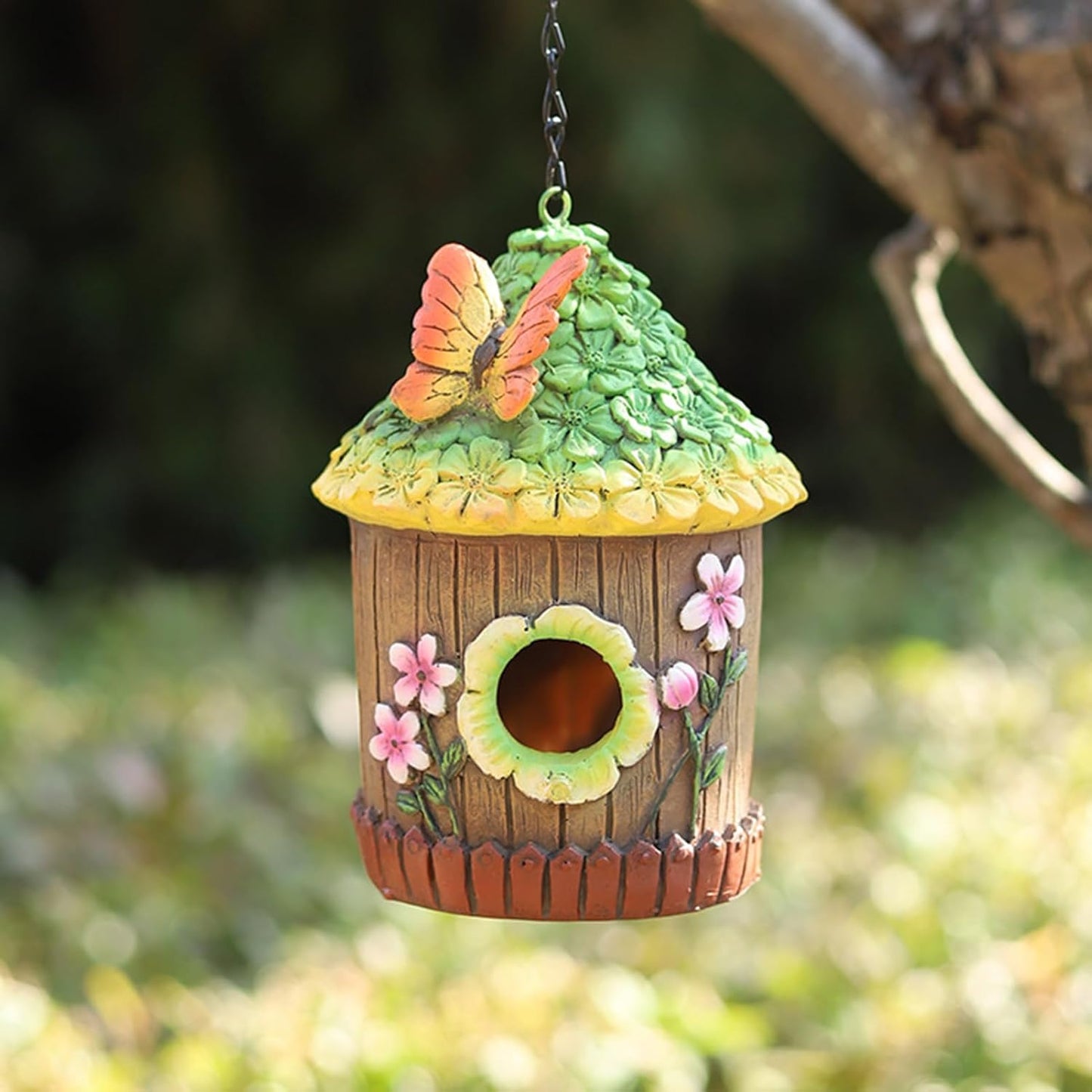 Hanging Decorative Butterfly on Rooftop Birdhouse - Uniquely Designed & Fun Bird House Home Garden Outdoor Yard Decor - Avenue Treasures