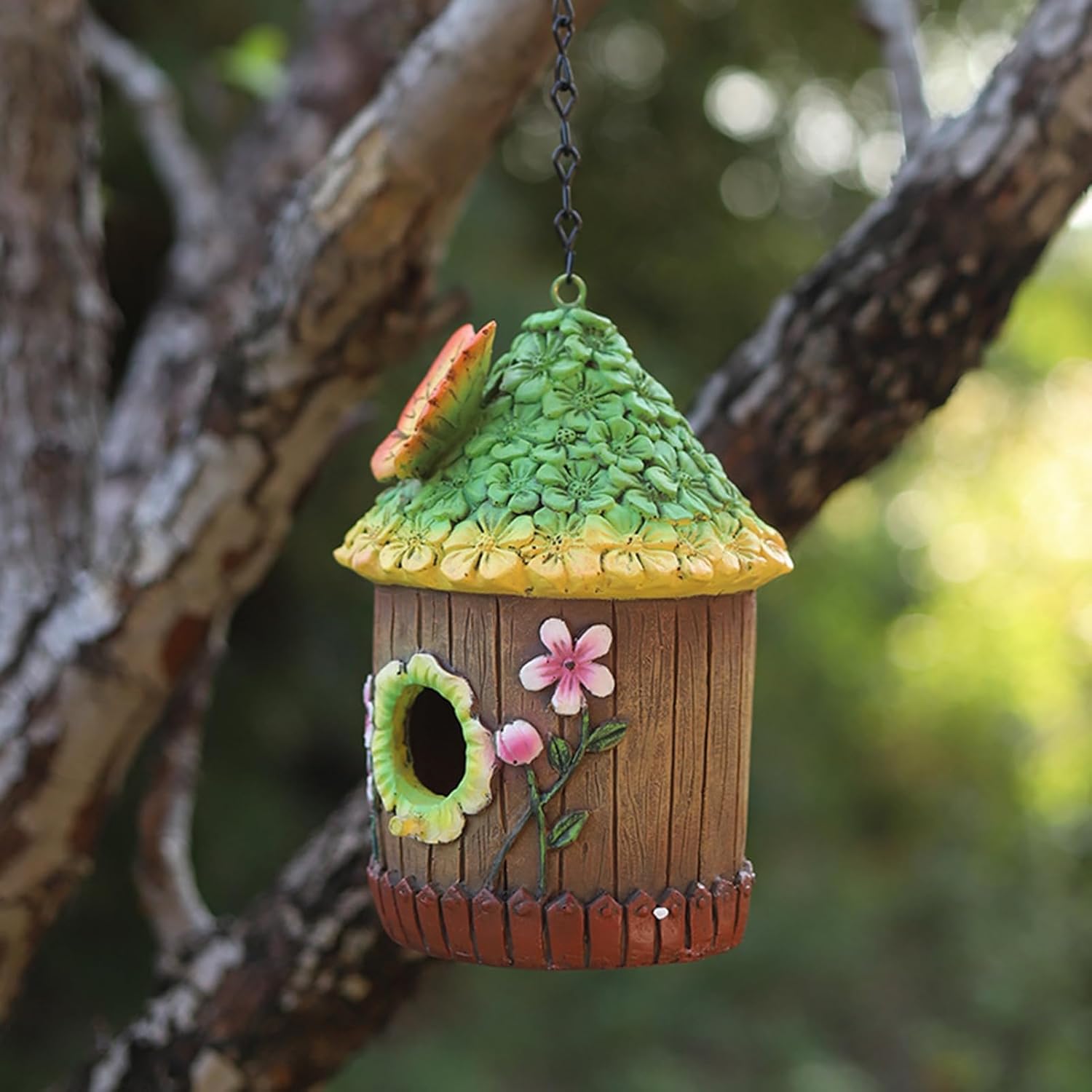 Hanging Decorative Butterfly on Rooftop Birdhouse - Uniquely Designed & Fun Bird House Home Garden Outdoor Yard Decor - Avenue Treasures