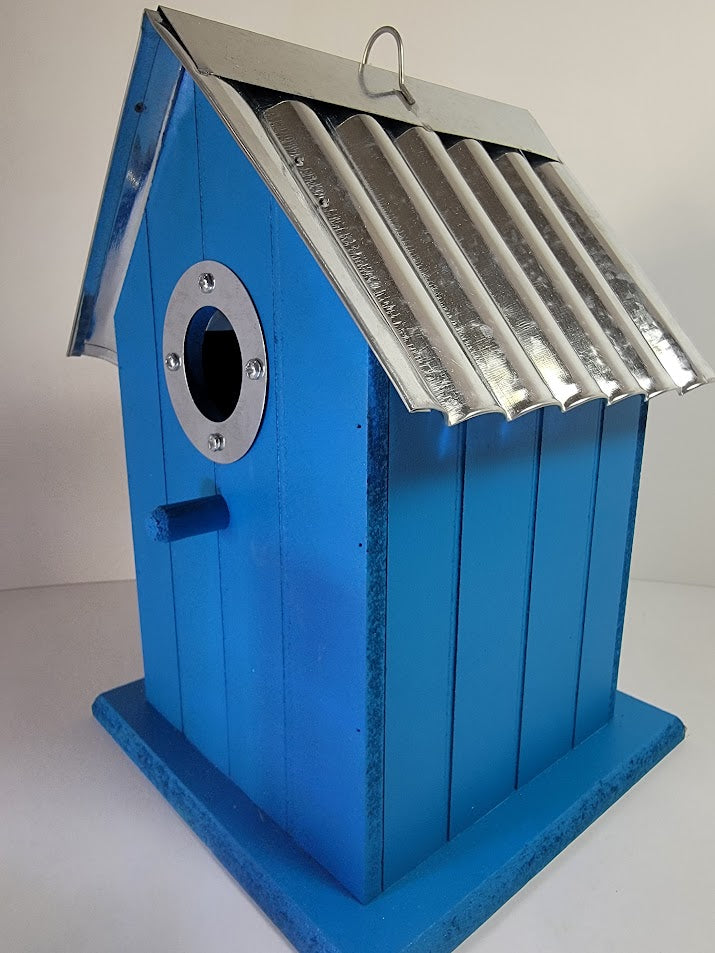 Tin Roof Wooden Outdoor Birdhouse - Cedar Wood & Metal - Home Garden Yard Bird House Decor