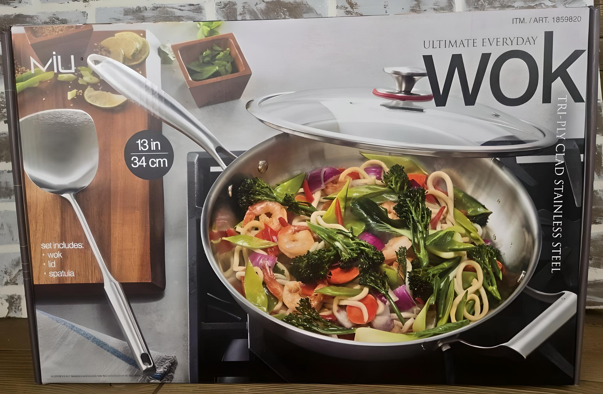 MIU - Tri-ply Clad Stainless Steel Wok 13-Inch with Spatula & Tempered Glass Lid , Kitchen Cooking Food Prep & Easy Cleaning Cookware. - Avenue Treasures