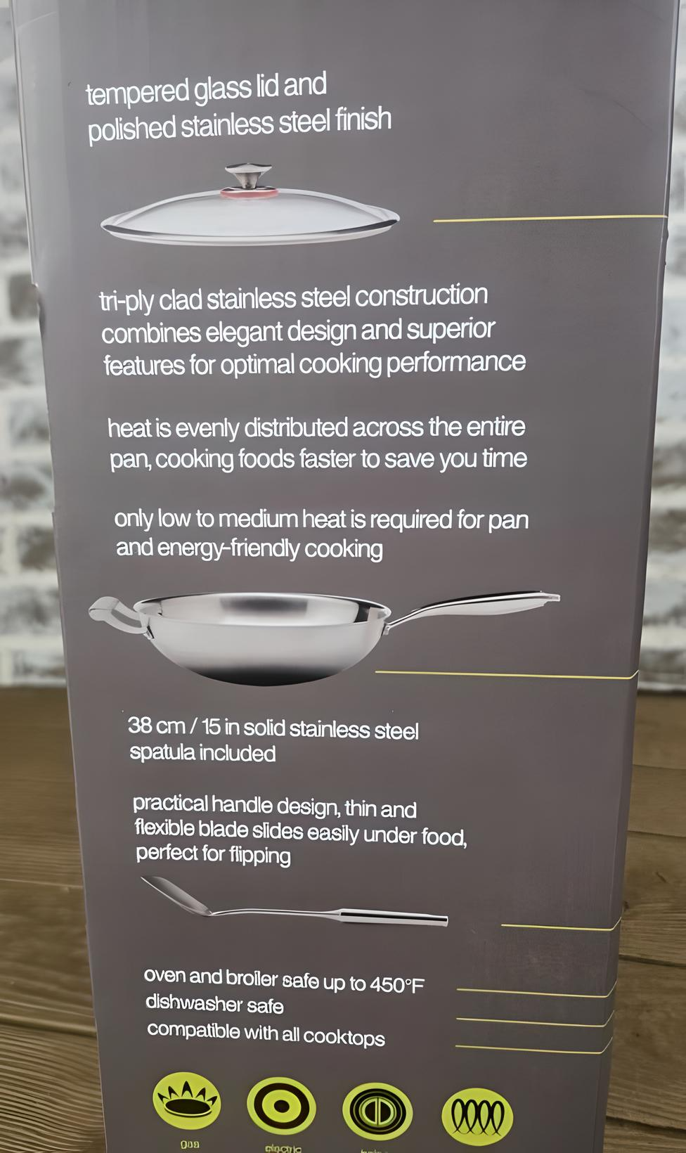 MIU - Tri-ply Clad Stainless Steel Wok 13-Inch with Spatula & Tempered Glass Lid , Kitchen Cooking Food Prep & Easy Cleaning Cookware. - Avenue Treasures