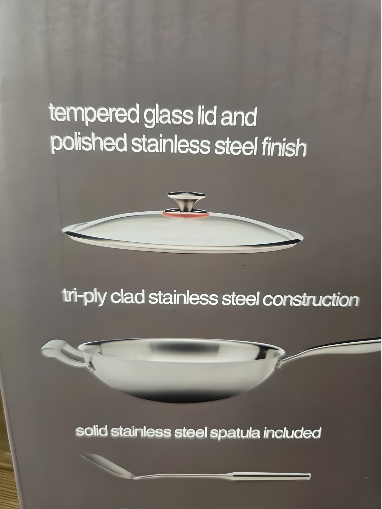 MIU - Tri-ply Clad Stainless Steel Wok 13-Inch with Spatula & Tempered Glass Lid , Kitchen Cooking Food Prep & Easy Cleaning Cookware. - Avenue Treasures