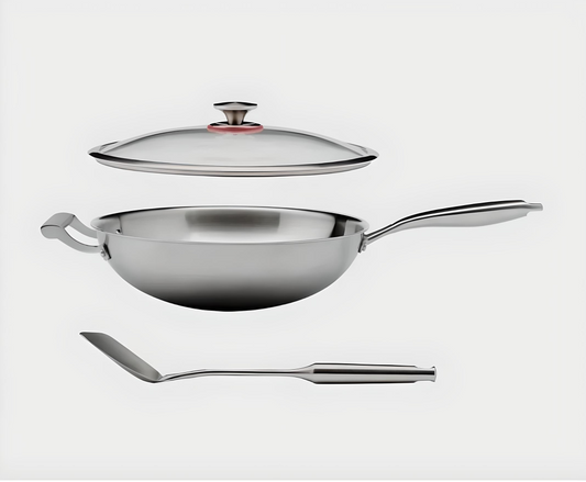MIU - Tri-ply Clad Stainless Steel Wok 13-Inch with Spatula & Tempered Glass Lid , Kitchen Cooking Food Prep & Easy Cleaning Cookware.