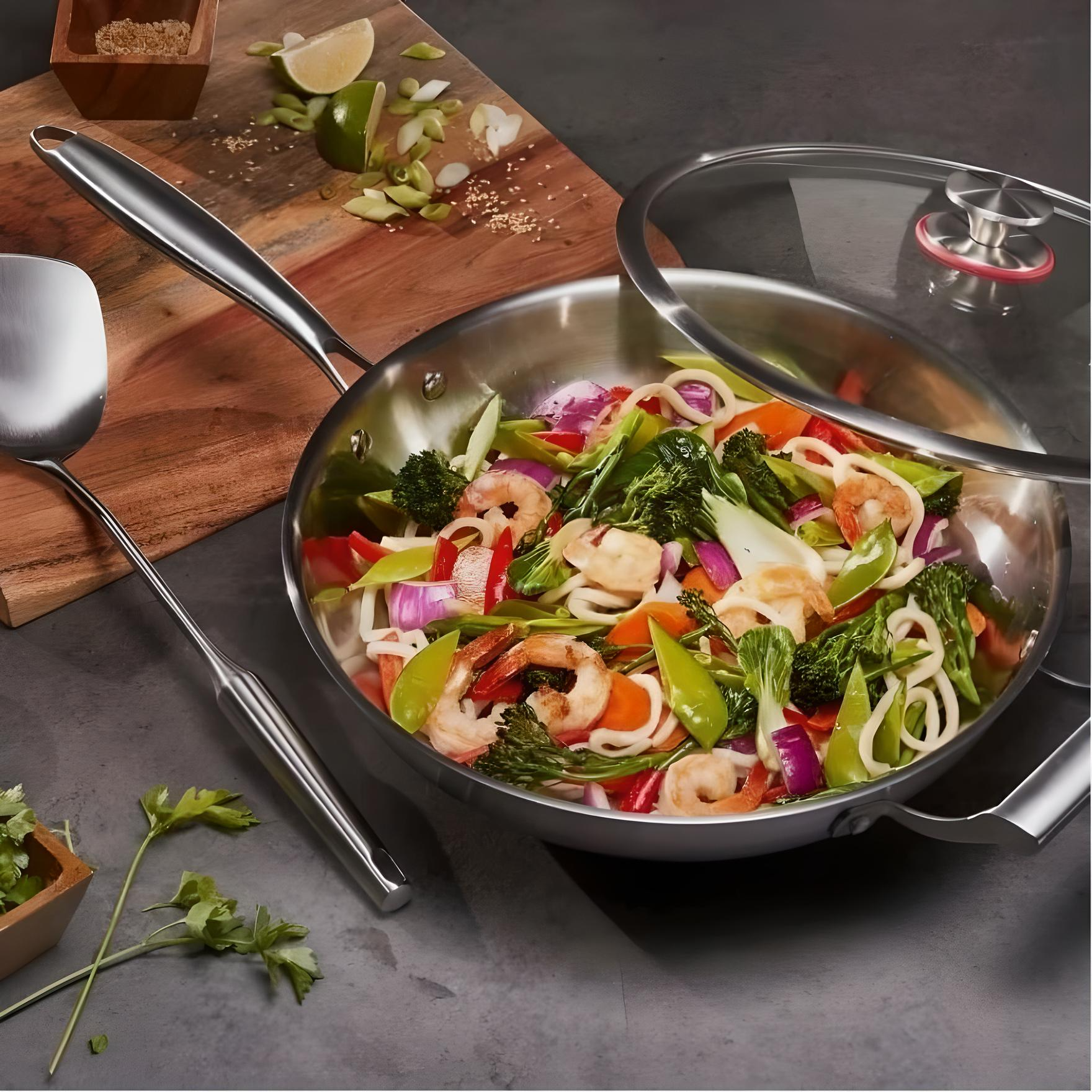 MIU - Tri-ply Clad Stainless Steel Wok 13-Inch with Spatula & Tempered Glass Lid , Kitchen Cooking Food Prep & Easy Cleaning Cookware. - Avenue Treasures