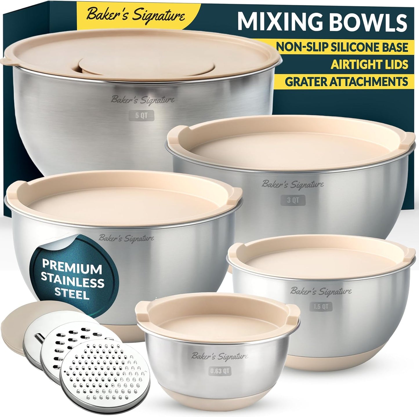 Baker's Signature Stainless Steel Mixing Bowls with Graters & Air-Tight Lids, Set of 5 bowls - Kitchen Lunch Dinner Food Meal Prep Freezer Safe Storage