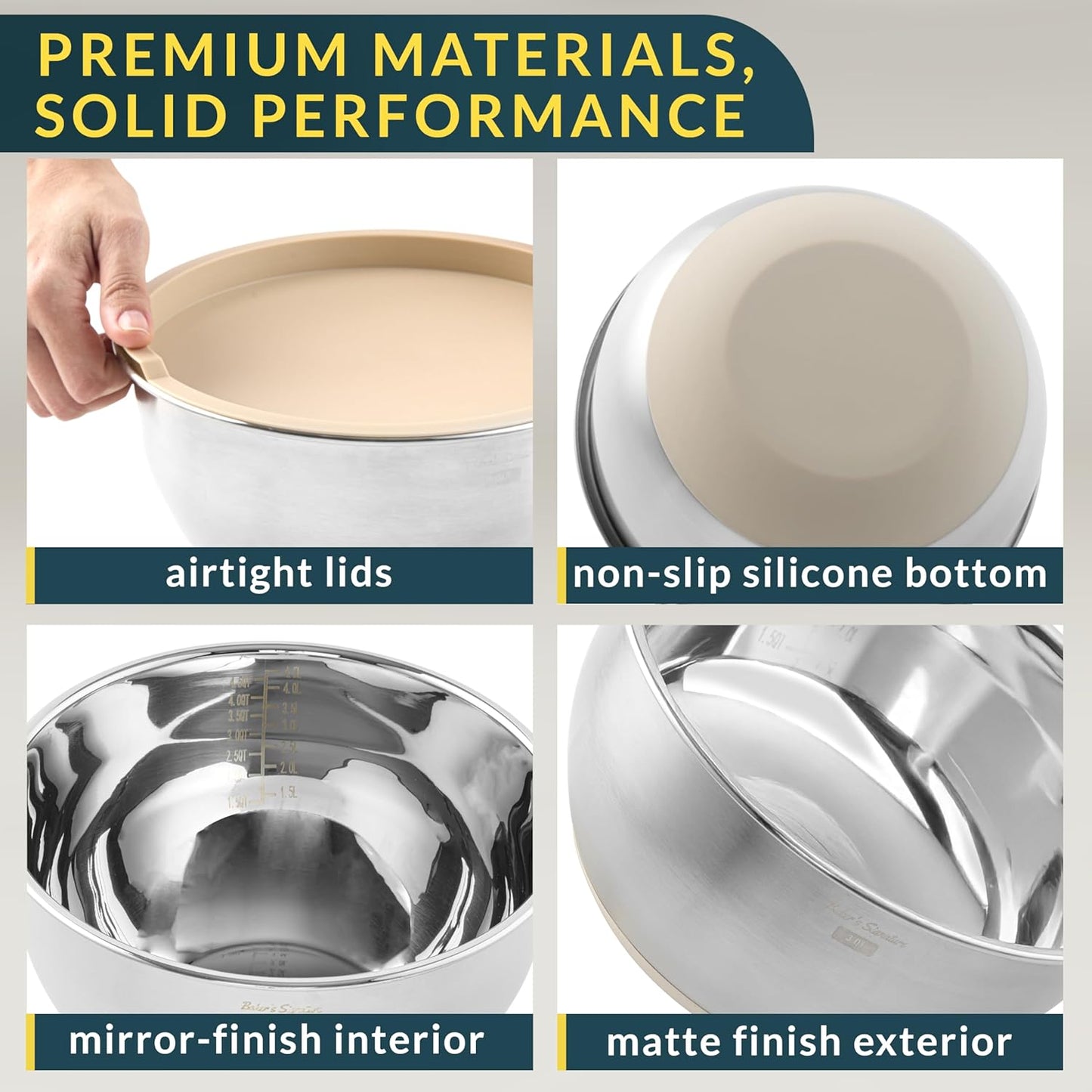 Baker's Signature Stainless Steel Mixing Bowls with Graters & Air-Tight Lids, Set of 5 bowls - Kitchen Lunch Dinner Food Meal Prep Freezer Safe Storage