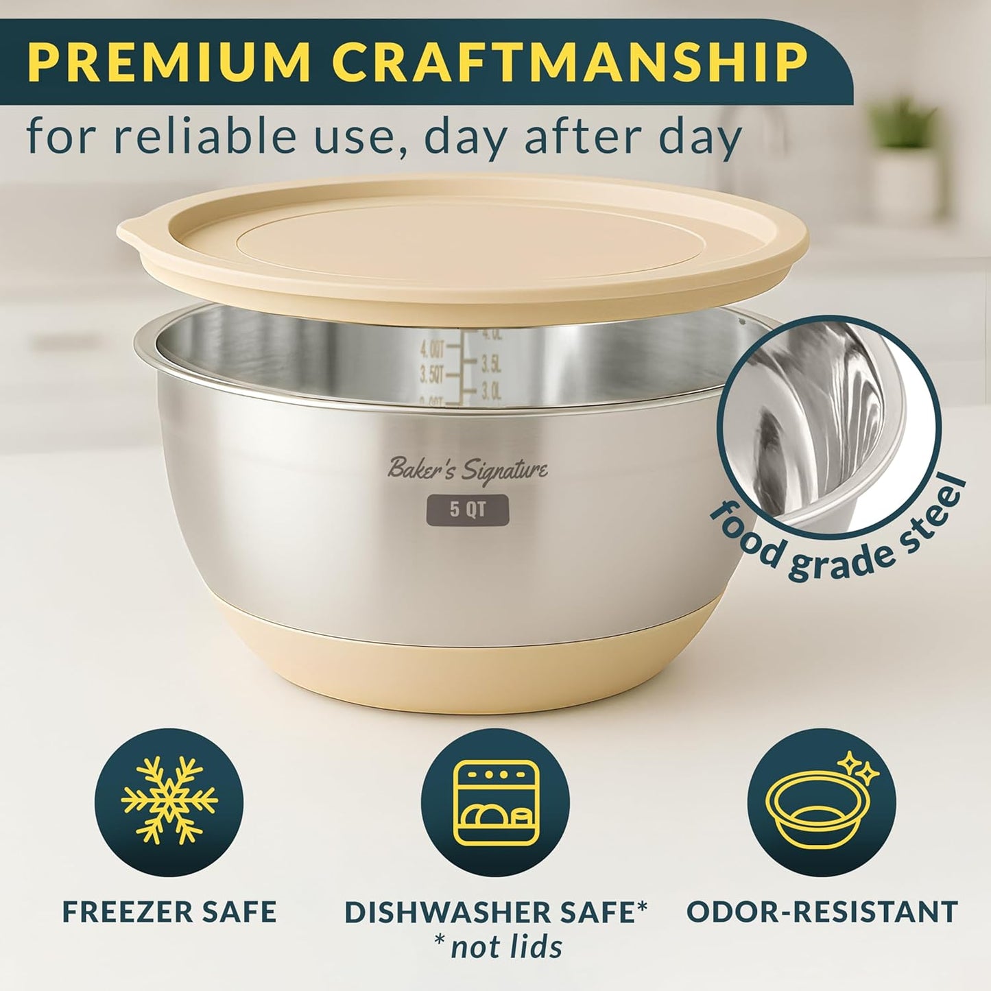 Baker's Signature Stainless Steel Mixing Bowls with Graters & Air-Tight Lids, Set of 5 bowls - Kitchen Lunch Dinner Food Meal Prep Freezer Safe Storage