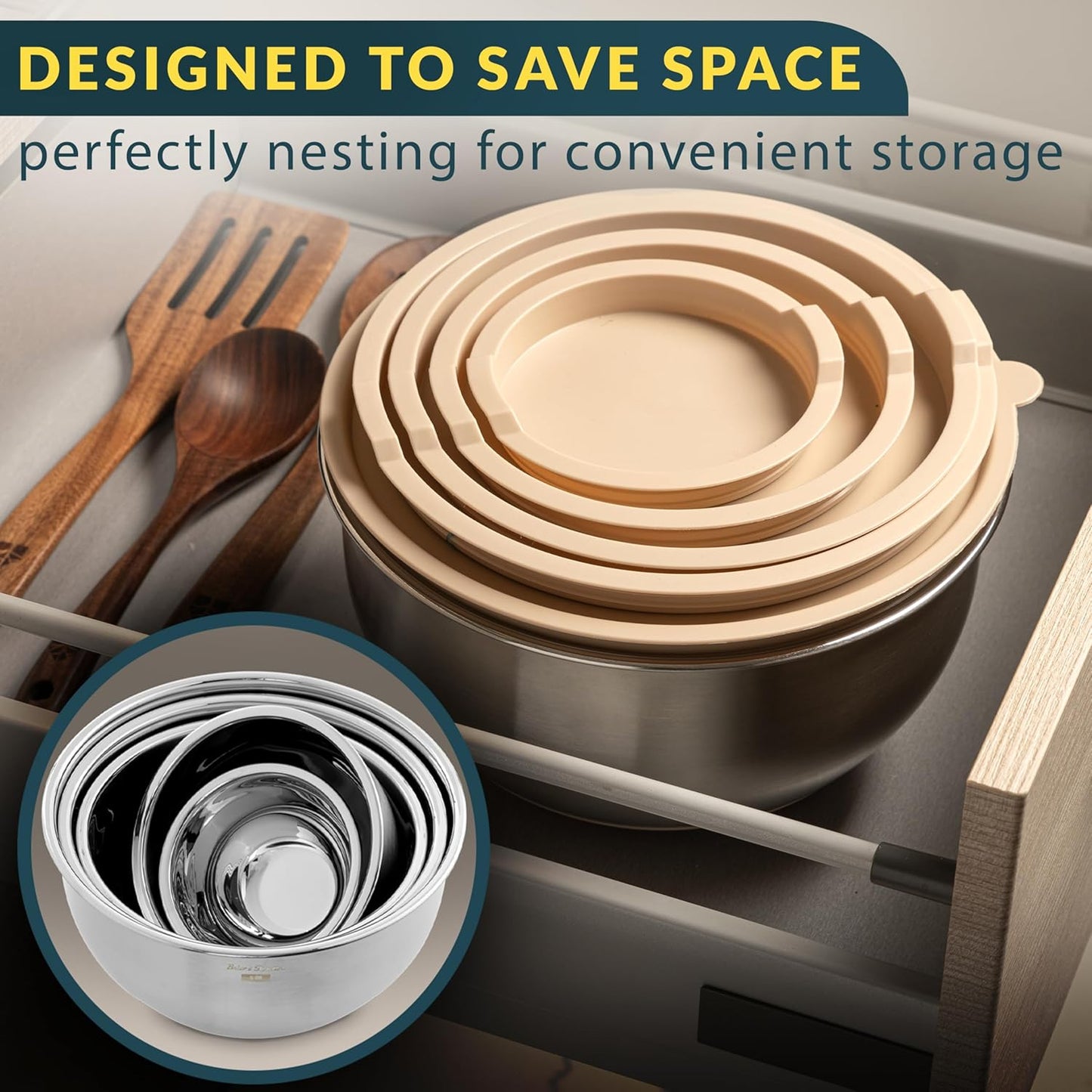 Baker's Signature Stainless Steel Mixing Bowls with Graters & Air-Tight Lids, Set of 5 bowls - Kitchen Lunch Dinner Food Meal Prep Freezer Safe Storage