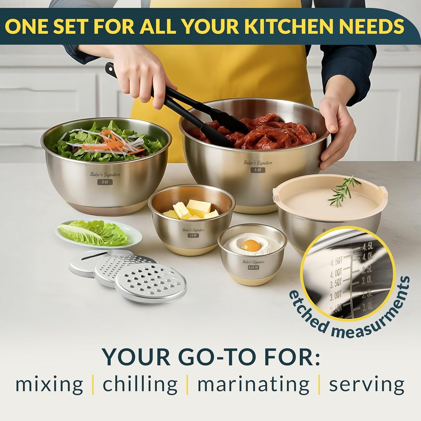 Baker's Signature Stainless Steel Mixing Bowls with Graters & Air-Tight Lids, Set of 5 bowls - Kitchen Lunch Dinner Food Meal Prep Freezer Safe Storage