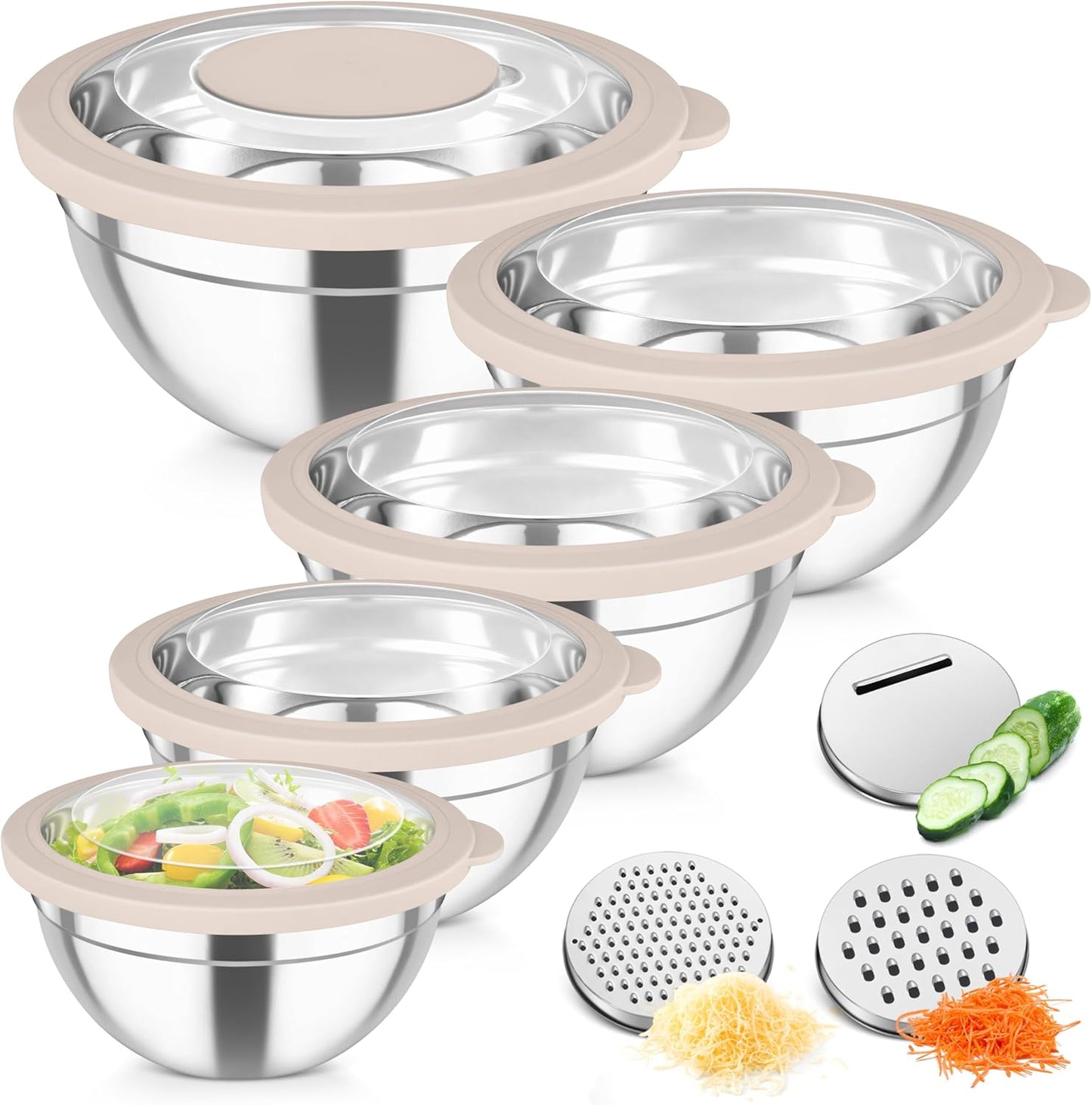 Stainless Steel Mixing Bowls with Graters & Clear Visible Air-Tight Lids, Set of 5 bowls - Kitchen Lunch Dinner Food Meal Prep Storage