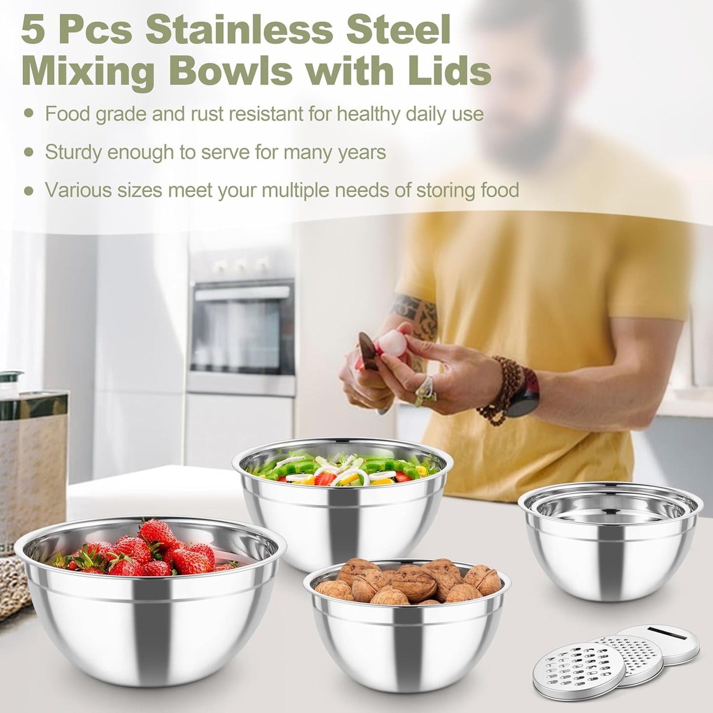 Stainless Steel Mixing Bowls with Graters & Clear Visible Air-Tight Lids, Set of 5 bowls - Kitchen Lunch Dinner Food Meal Prep Storage