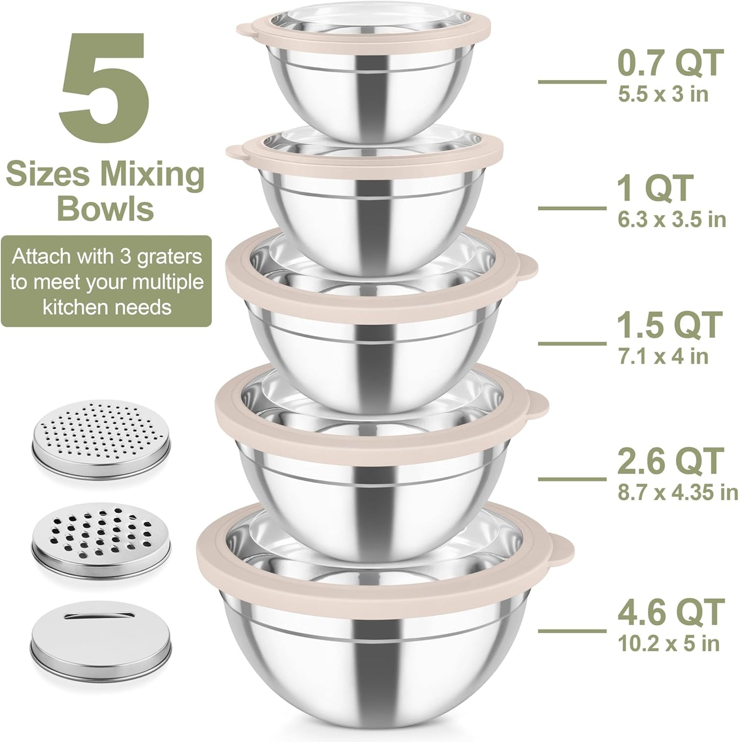 Stainless Steel Mixing Bowls with Graters & Clear Visible Air-Tight Lids, Set of 5 bowls - Kitchen Lunch Dinner Food Meal Prep Storage