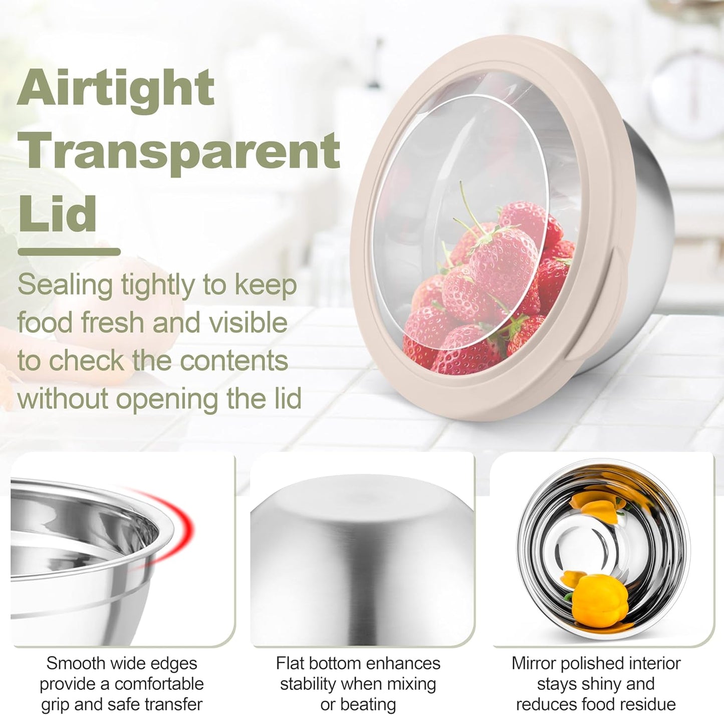 Stainless Steel Mixing Bowls with Graters & Clear Visible Air-Tight Lids, Set of 5 bowls - Kitchen Lunch Dinner Food Meal Prep Storage