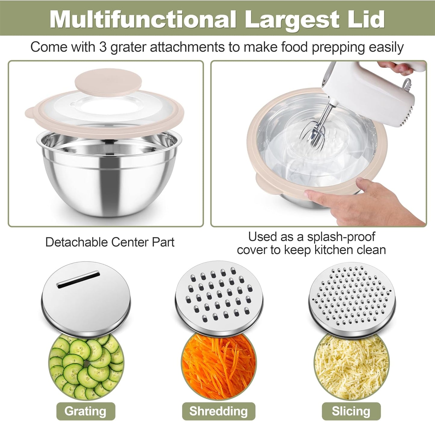 Stainless Steel Mixing Bowls with Graters & Clear Visible Air-Tight Lids, Set of 5 bowls - Kitchen Lunch Dinner Food Meal Prep Storage