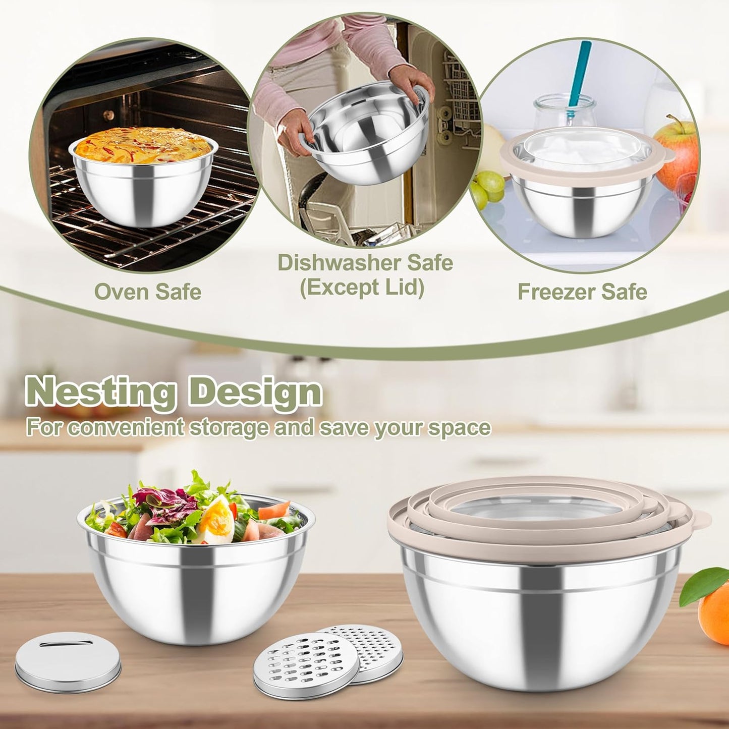Stainless Steel Mixing Bowls with Graters & Clear Visible Air-Tight Lids, Set of 5 bowls - Kitchen Lunch Dinner Food Meal Prep Storage