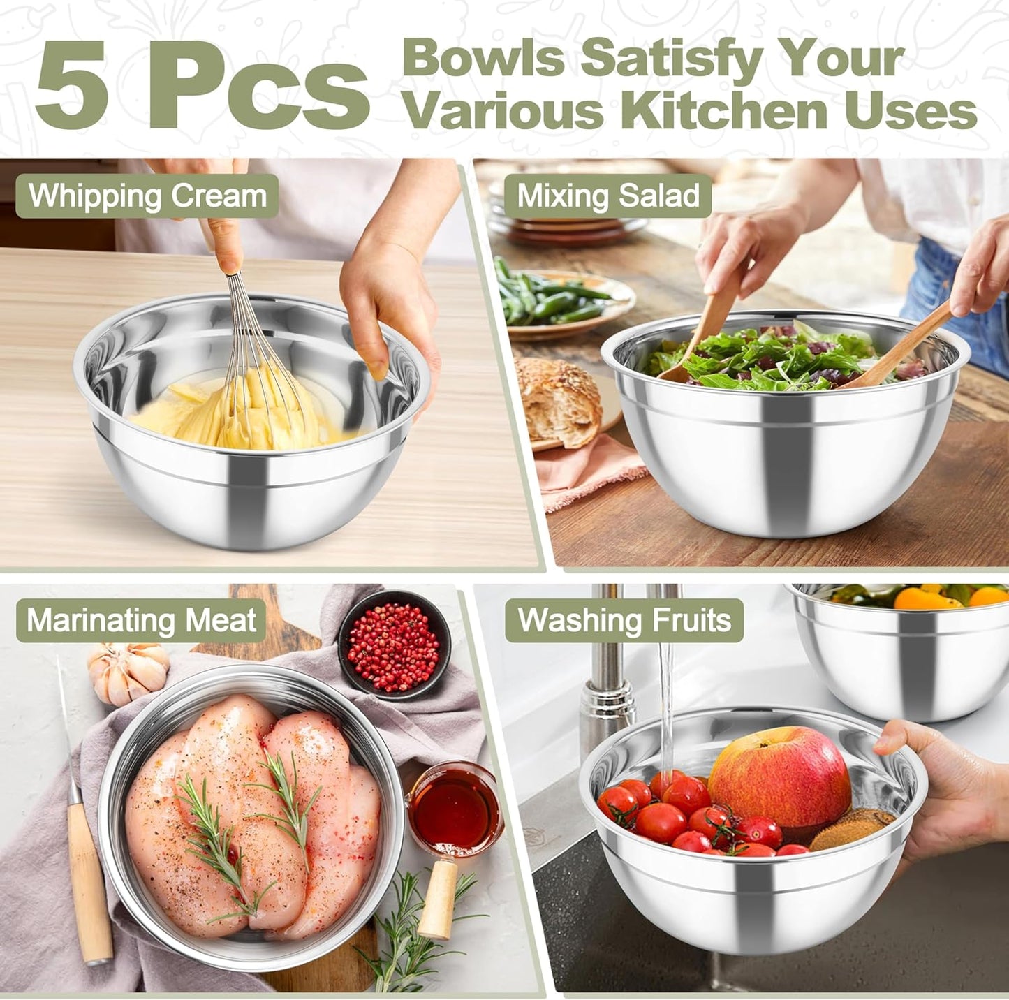 Stainless Steel Mixing Bowls with Graters & Clear Visible Air-Tight Lids, Set of 5 bowls - Kitchen Lunch Dinner Food Meal Prep Storage