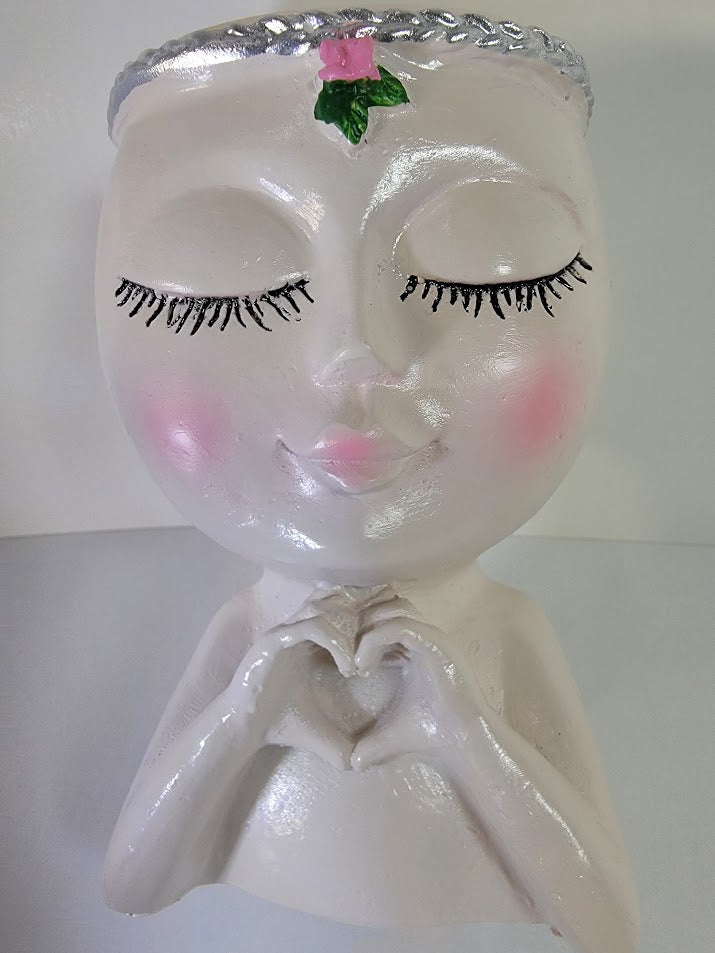 Cute Lady Face Planter Pots holding Heart Hands, indoor and outdoor decor with water drainage hole - Avenue Treasures