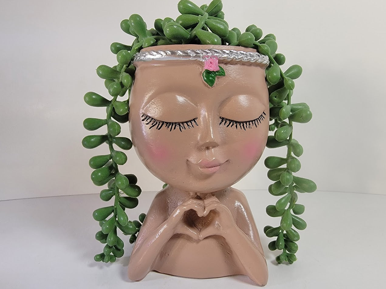 Cute Lady Face Planter Pots holding Heart Hands, indoor and outdoor decor with water drainage hole - Avenue Treasures