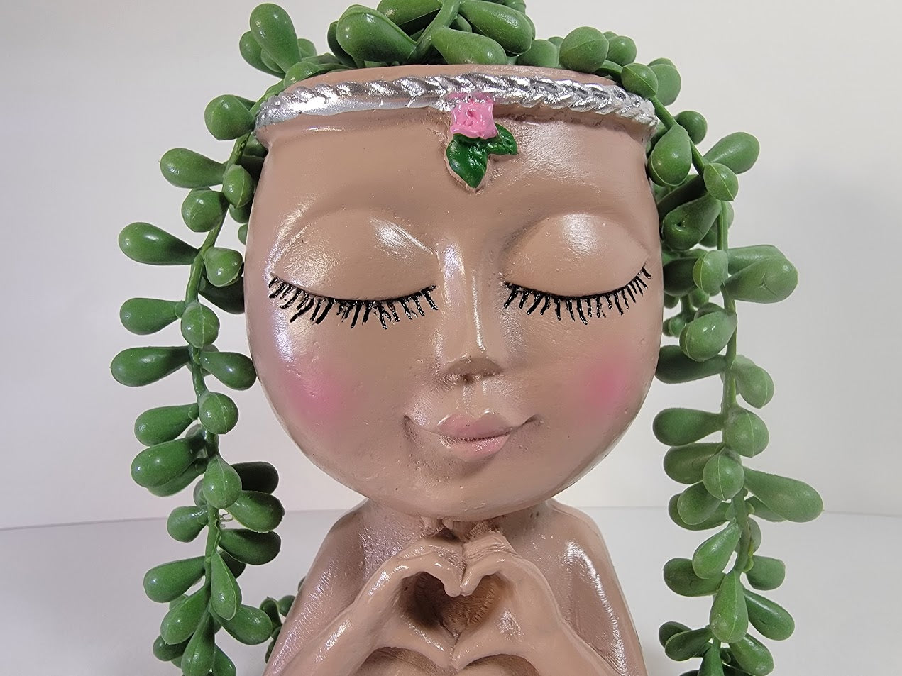 Cute Lady Face Planter Pots holding Heart Hands, indoor and outdoor decor with water drainage hole - Avenue Treasures