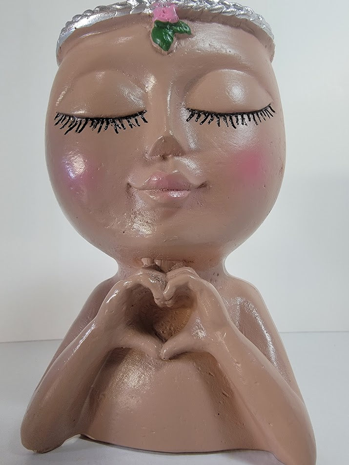 Cute Lady Face Planter Pots holding Heart Hands, indoor and outdoor decor with water drainage hole - Avenue Treasures