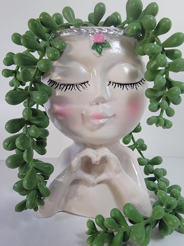 Cute Lady Face Planter Pots holding Heart Hands, indoor and outdoor decor with water drainage hole - Avenue Treasures